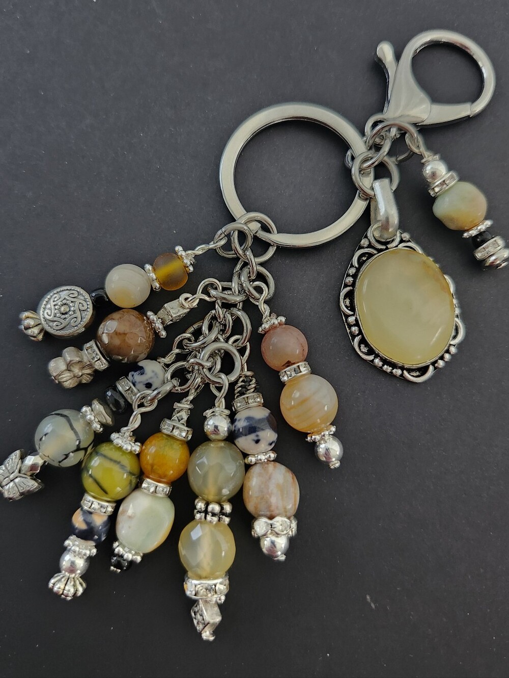 Yellow Agate 925 Frame Purse Charm or Keychain Rhodonite Granite Handcrafted
